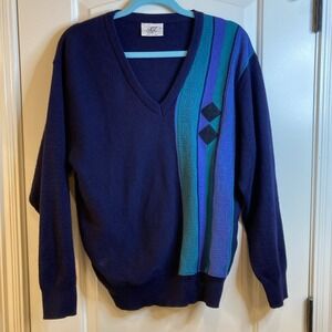 Men's Vintage Gabicci Wool Blend Sweater Medium Navy Teal Geometric V Neck